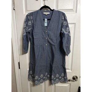 LOFT Petites Blue Floral Midi Dress Women's MP V-Neck Long Sleeve Boho Cotton